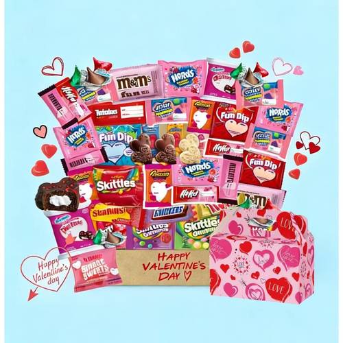 50 count valentines day chocolate candy heart sweets box and candy treats snacks bundle gift come with pink valentines gift box with handle assorted individually wrapped chocolates and candies crunchy chips and juice perfect gift for your couple kids use gift and more