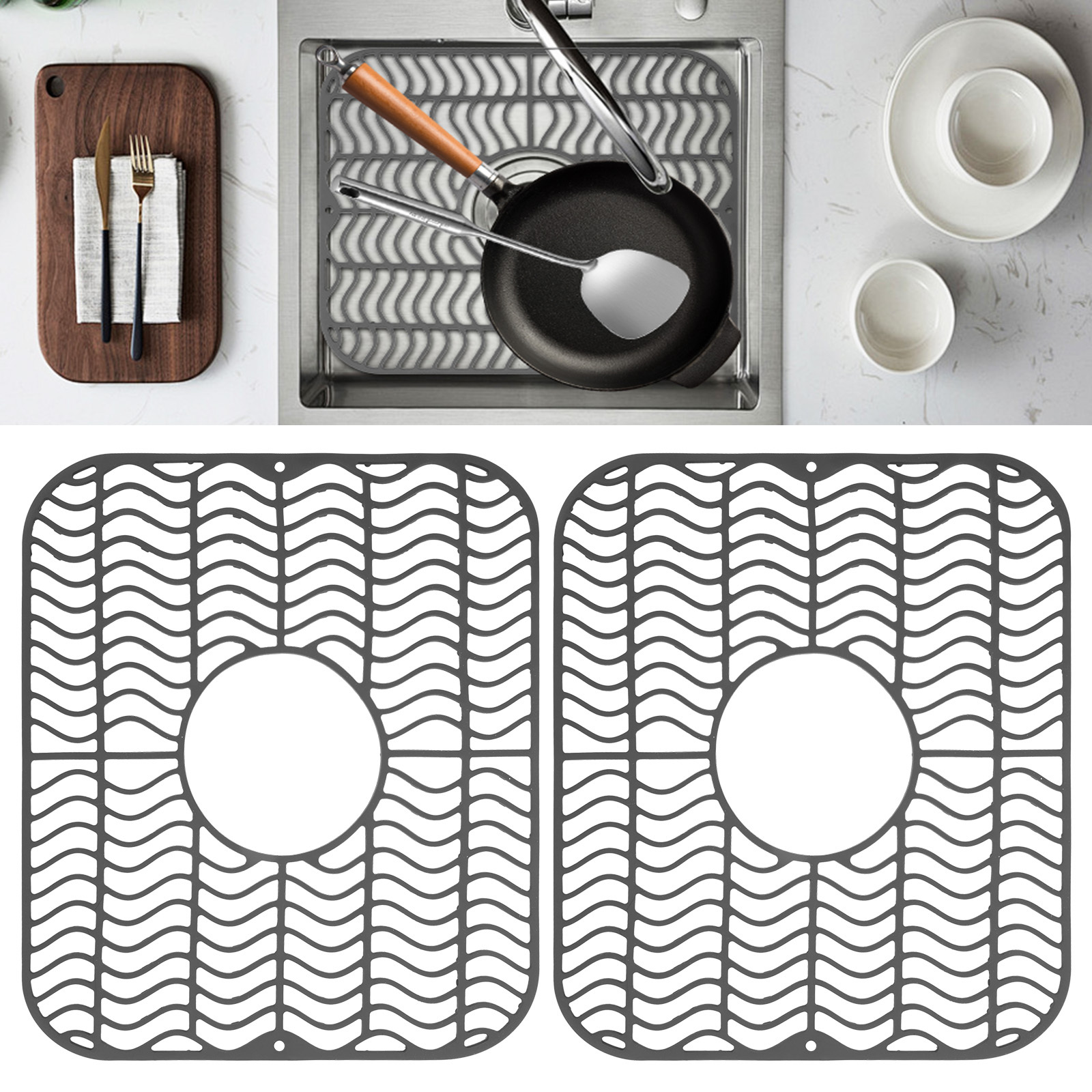 TEMU 2pcs Kitchen Sink Mats, Multifunction Sink Protector, Non-slip Dish Drying Pad For Kitchen & Bathroom Use, Easy To Clean For Protect Sink From