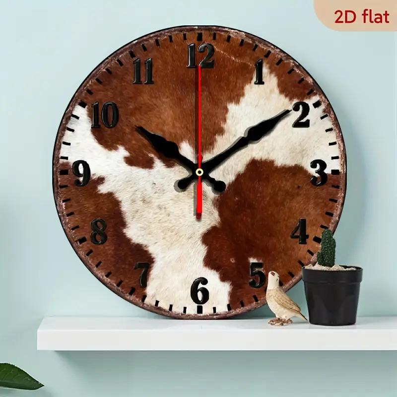 TEMU 1pc Western Cowboy Rustic & White Cowhide Round Wall Clock With Quartz Movement - & Numbers, Wood Frame, Cowboy-themed Farmhouse, Cabin, Western