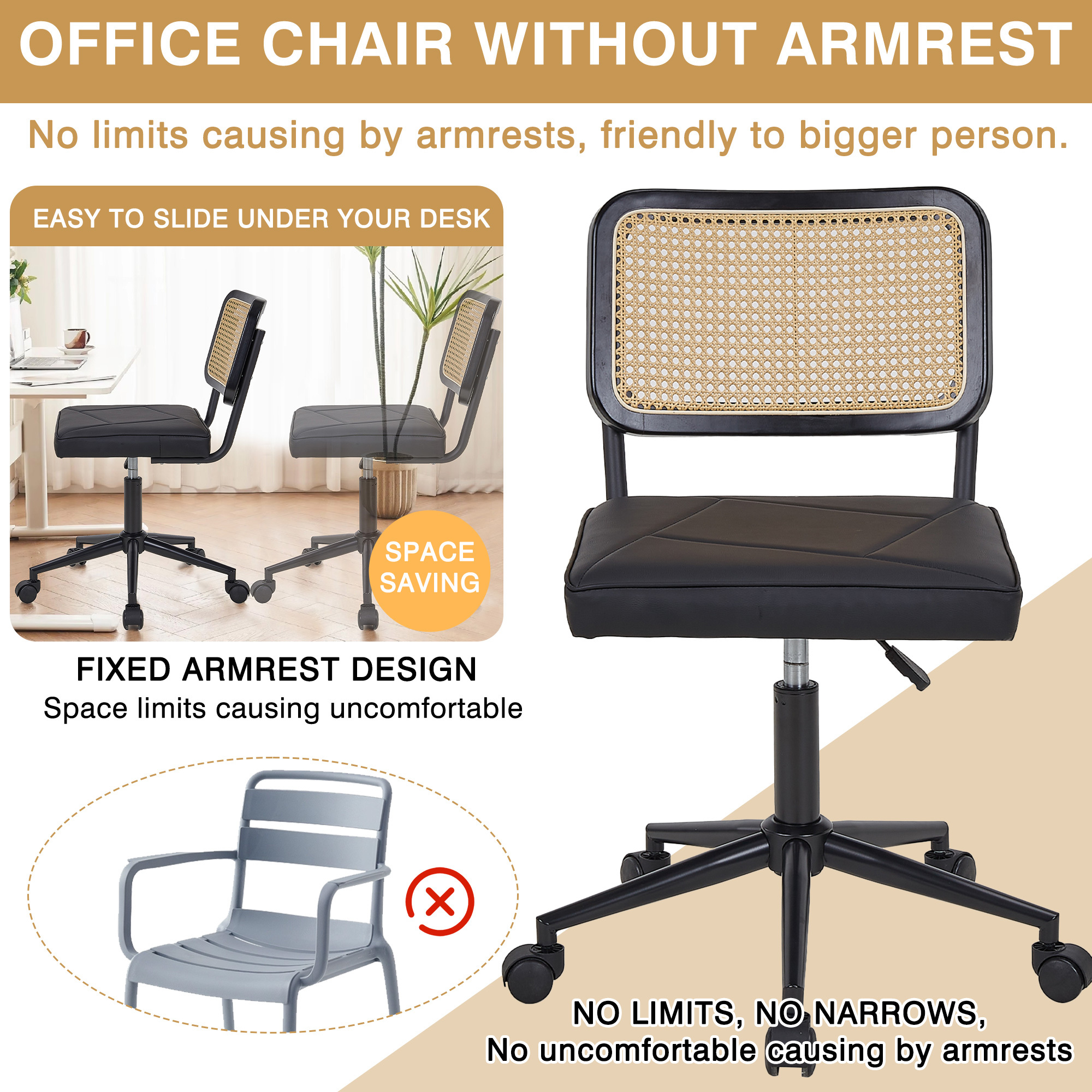 Armless Home Office Chair with Wheels, PU Leather Seat, Height Adjustable 360° Swivel Desk Chair with Rattan Back for Bedroom, Home Office, Small Spaces