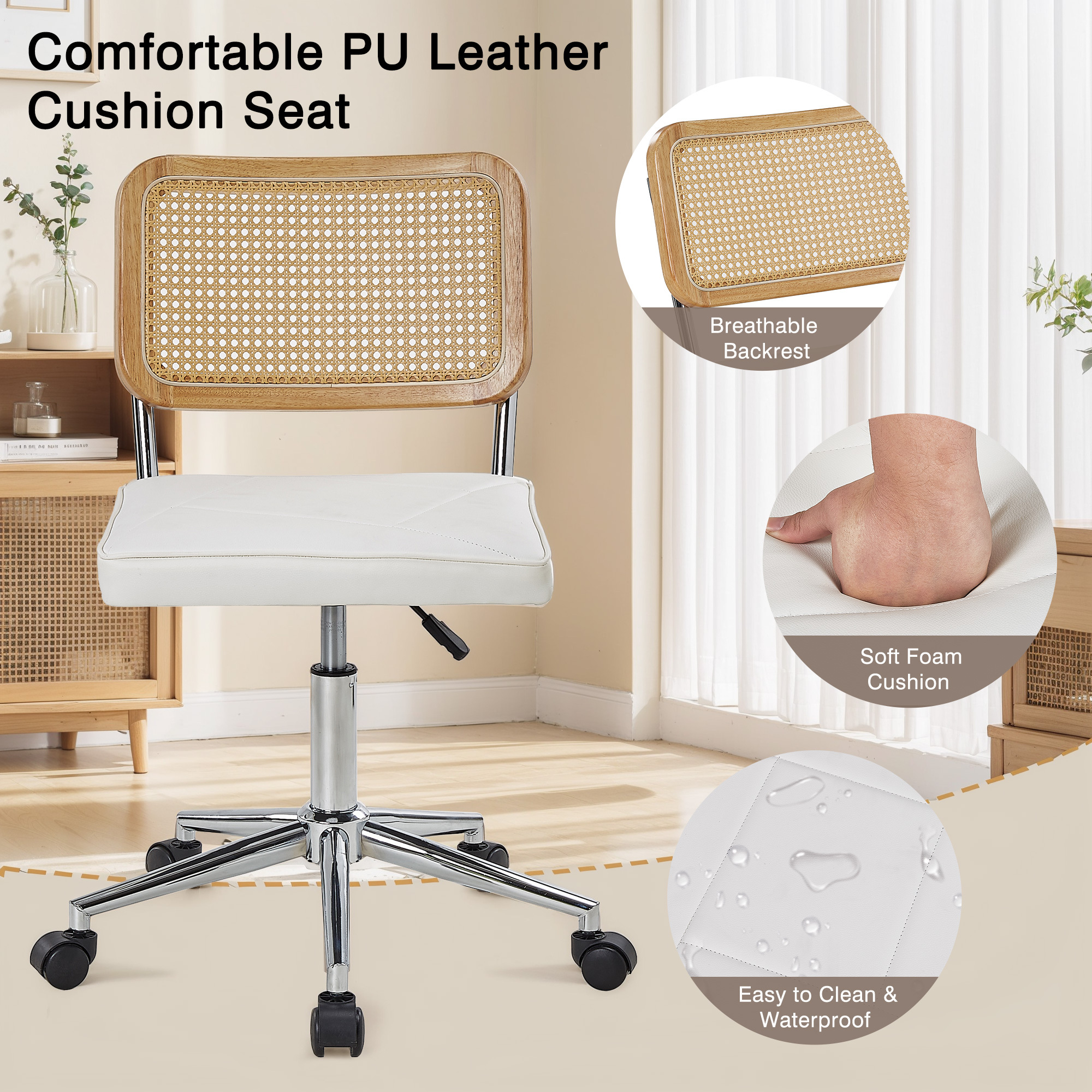 Armless Home Office Chair with Wheels, PU Leather Seat, Height Adjustable 360° Swivel Desk Chair with Rattan Back for Bedroom, Home Office, Small Spaces