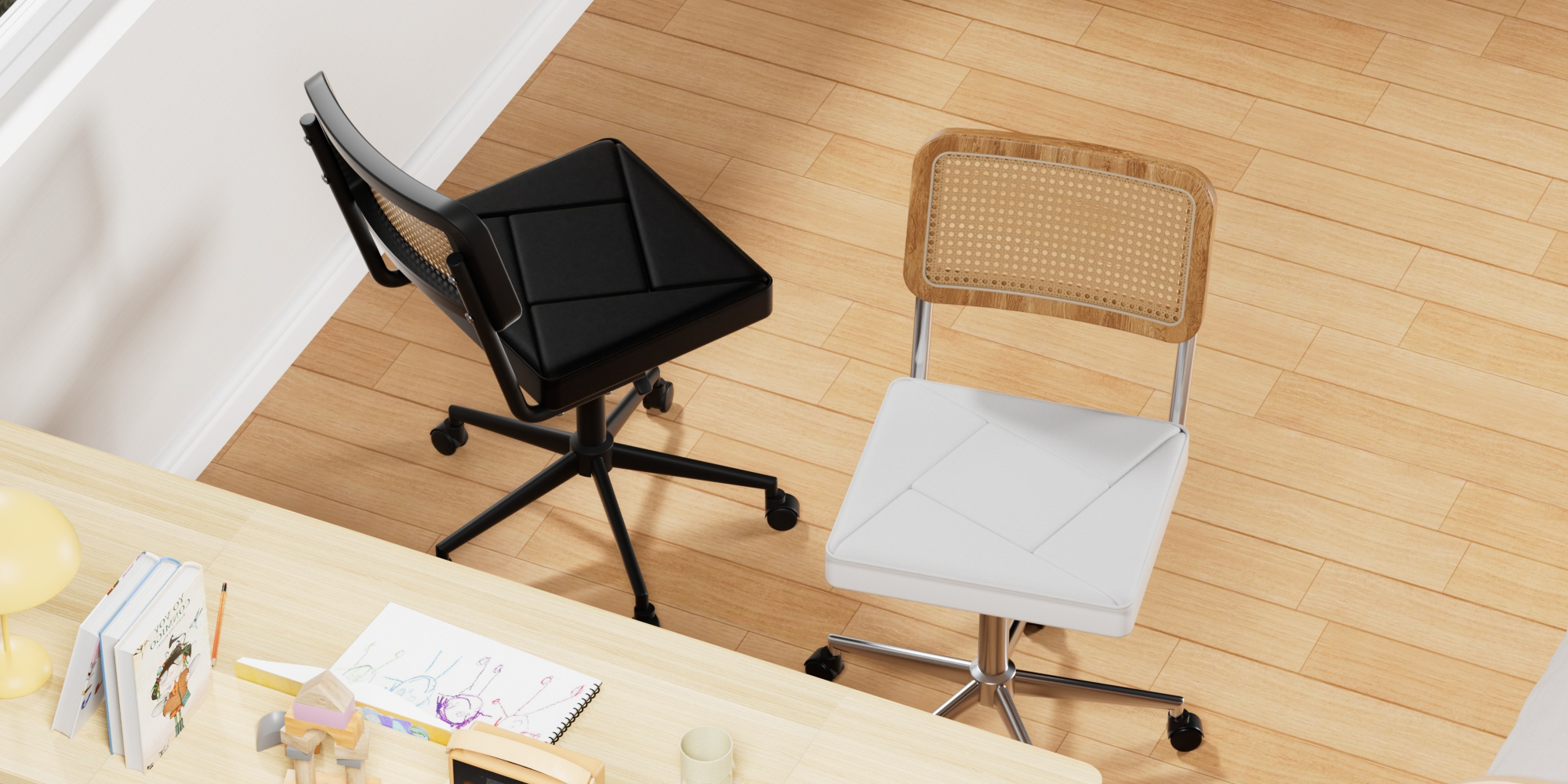 Armless Home Office Chair with Wheels, PU Leather Seat, Height Adjustable 360° Swivel Desk Chair with Rattan Back for Bedroom, Home Office, Small Spaces