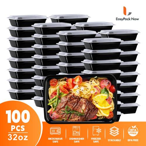 32oz black 100pcs 50 containers 50 lids rectangular meal prep containers stackable and leakproof food storage container set disposable bento box ideal for food truck catering family party takeout and picnic microwave dishwasher freezer safe