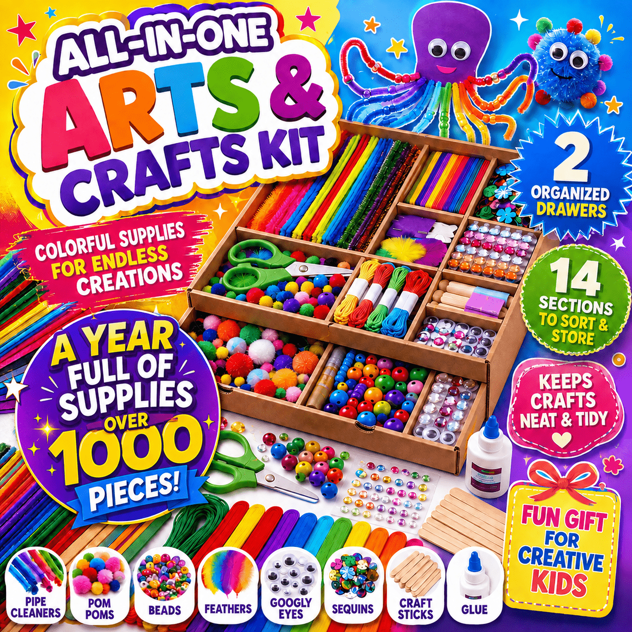 TEMU 1000+ Piece Arts & Crafts Kit For Kids With 2-drawer Organizer, -one Craft Supplies Set With Pipe Cleaners, Pom Poms, Beads, Feathers, Googly