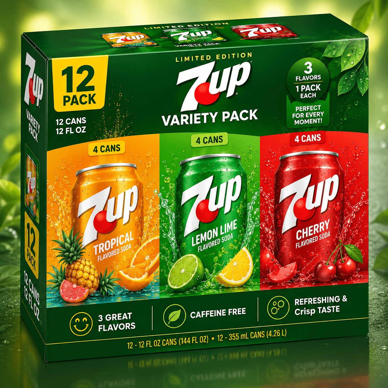 TEMU Variety Pack 12 Pack – Tropical, Lemon Lime & Cherry Flavored Soda Collection, 12 Fl Oz Cans, 4 Cans Of Each Flavor, Refreshing Caffeine-free