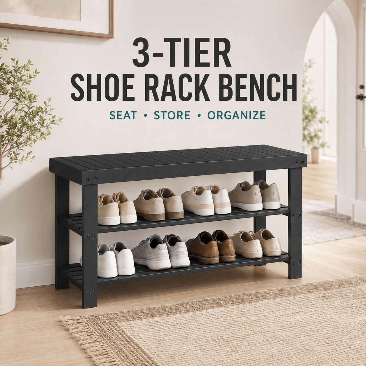 TEMU 1 Piece 3 Tier Shoe Rack Bench, 27 Inch Entryway Shoe Organizer With 2 Storage Shelves, 286 Lb Capacity Seating Bench For Hallway, Bedroom And