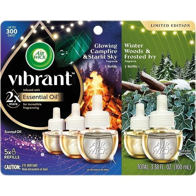 TEMU Vibrant Plug In Scented Oil Refills, Edition Glowing Campfire & Sky And & Frosted Ivy, 5 Refills (3 + 2), 3.38 Fl Oz