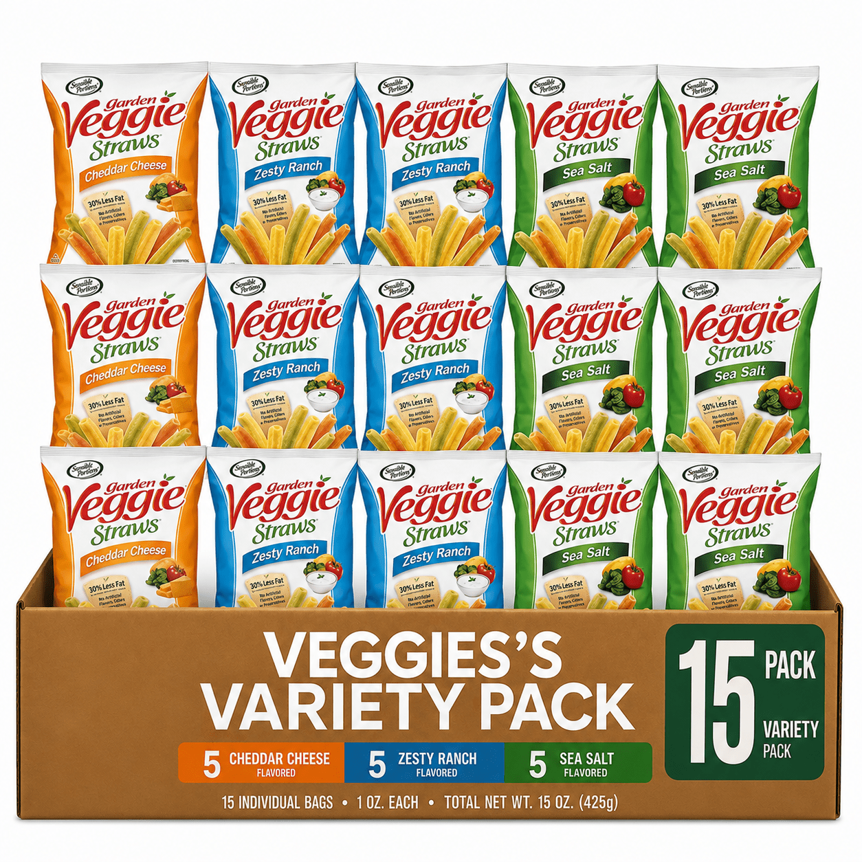 Veggie's-straw Variety Pack - Assortment Of Garden Sea Salt, Cheddar Cheese And Zesty Ranch Snack Size - Care Package Gift Box Glluten Free Pacck Of 15)