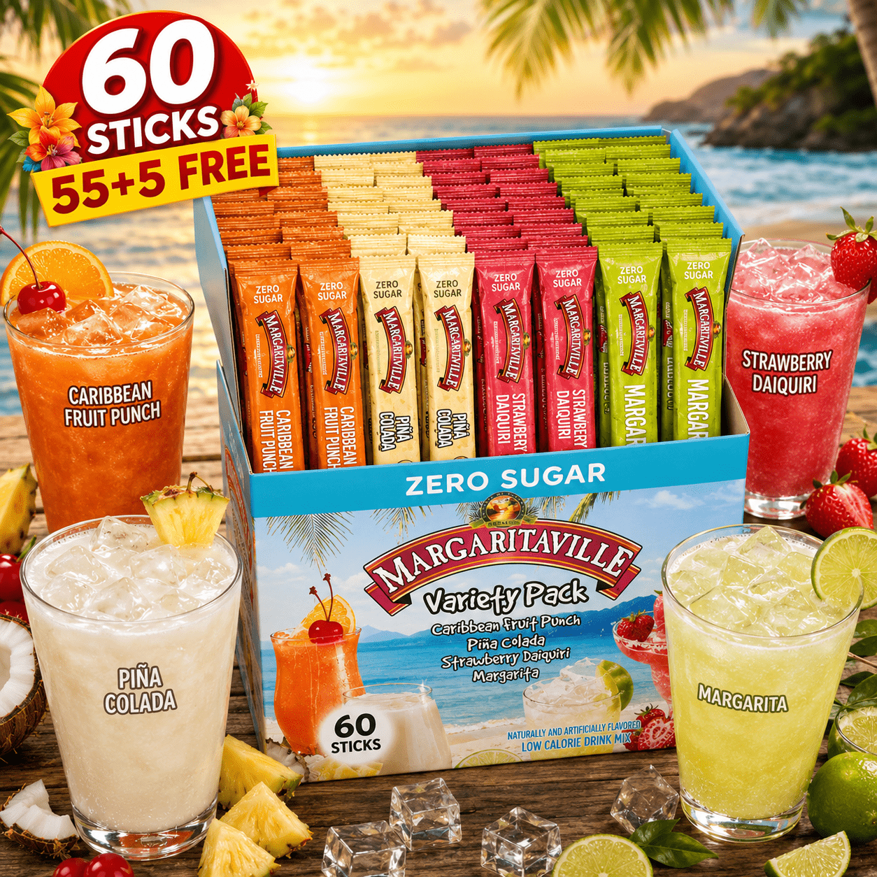 TEMU Margaritaville 0 Sugar Variety Pack Drink Mix Sticks, 4 Assorted Flavors, Singles To Go