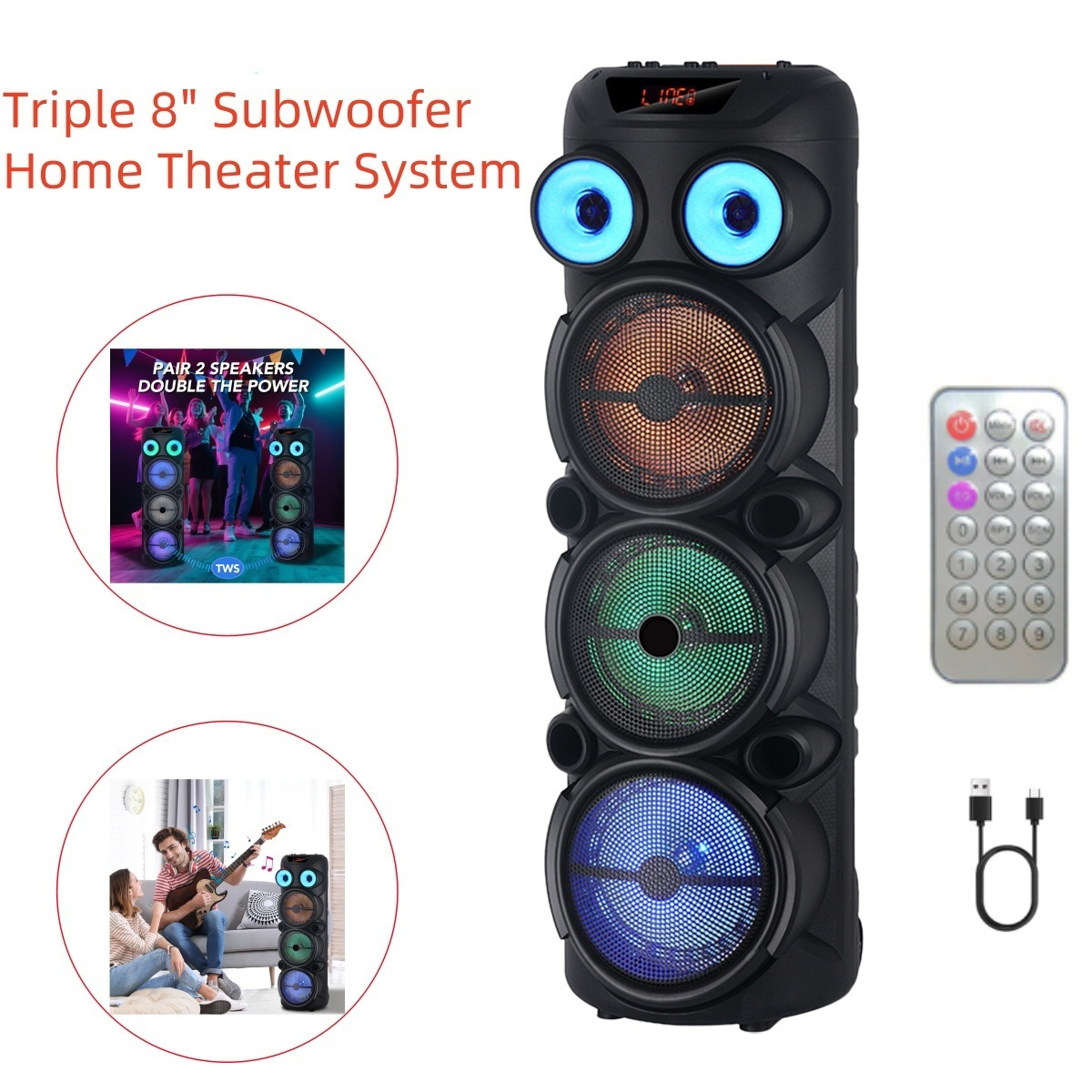 TEMU Bluetooth Speakers Powerful, Portable Wireless Speaker With Triple 8inch Subwoofer Heavy , Wireless Stereo Pairing, Electronic Home Theater