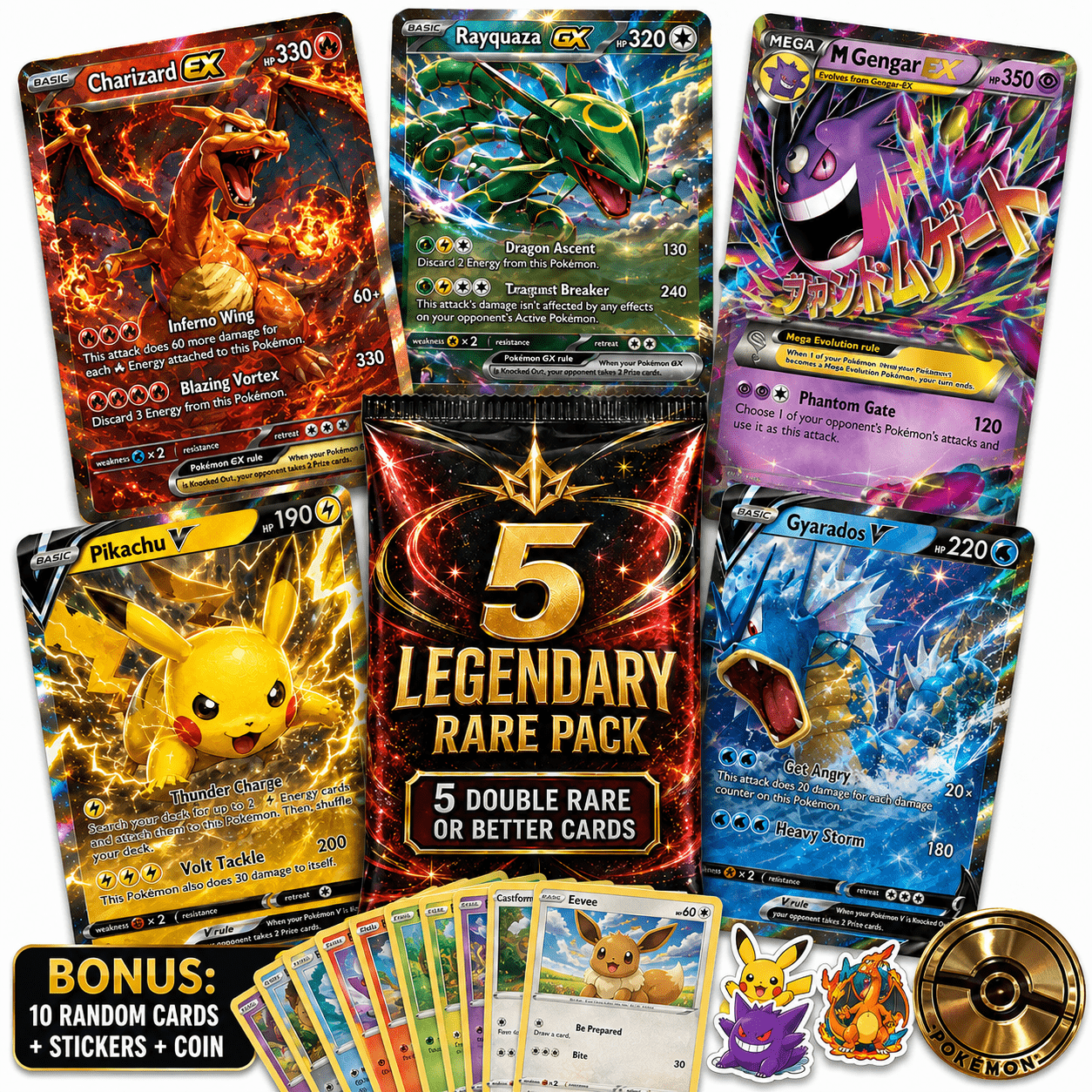 TEMU 15 Cards + Bonus Collectibles: 5 Pack + 10 Bonus + Stickers & Collectible Coin – Ex, Gx, Mega Ex & V Assortment