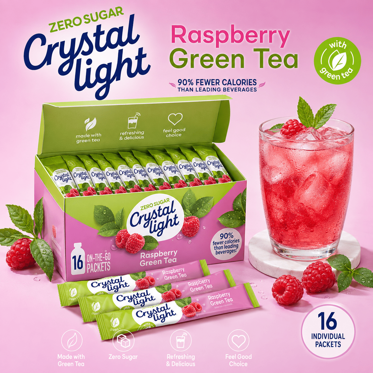 TEMU Crystal Light Raspberry Green Tea Drink Mix, 0 Sugar, Naturally Flavored Iced Tea, Real Green Tea, Refreshing On-the-go Beverage, 16 Count