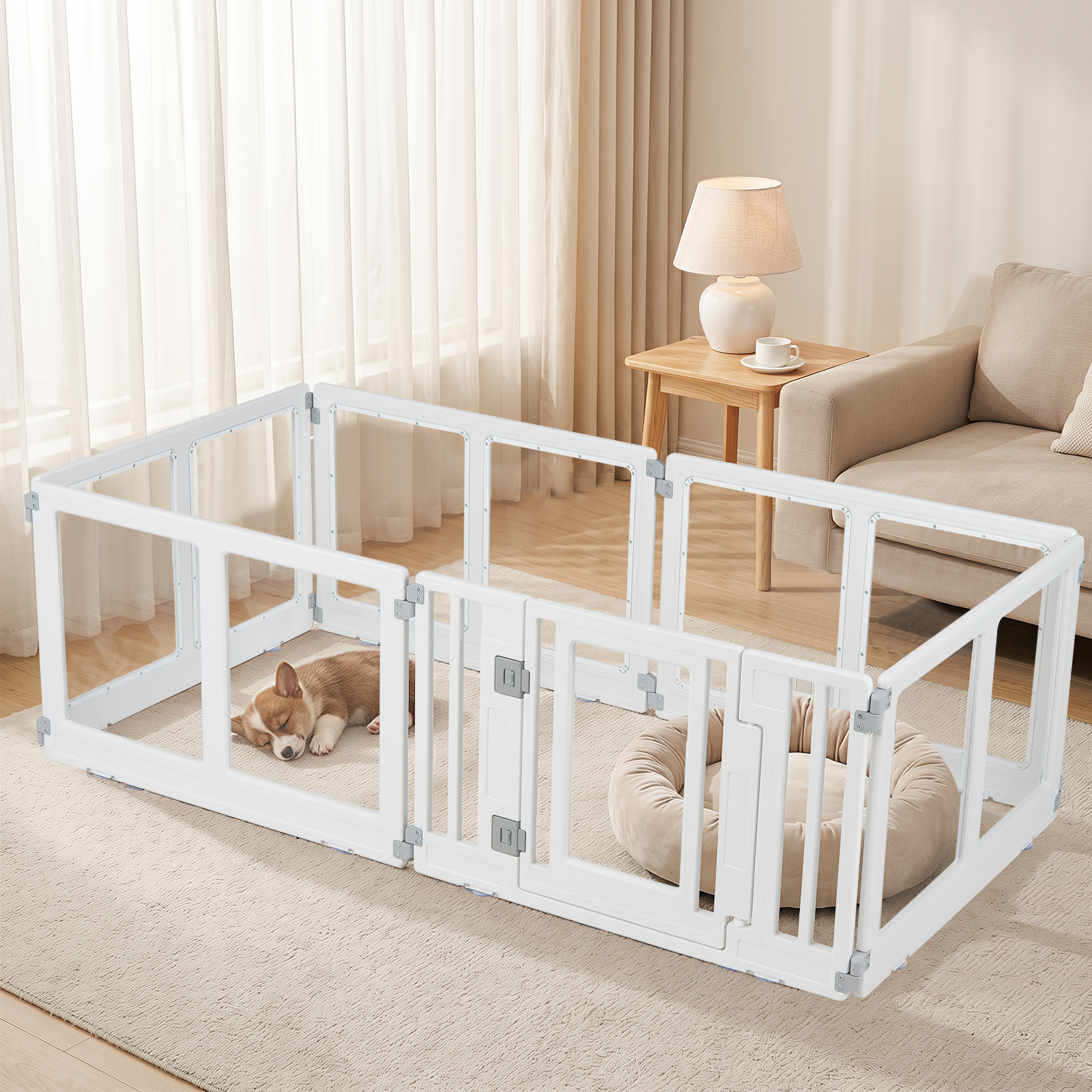 Clear Dog Playpen With Secure Locking Door, 6 Panels, White