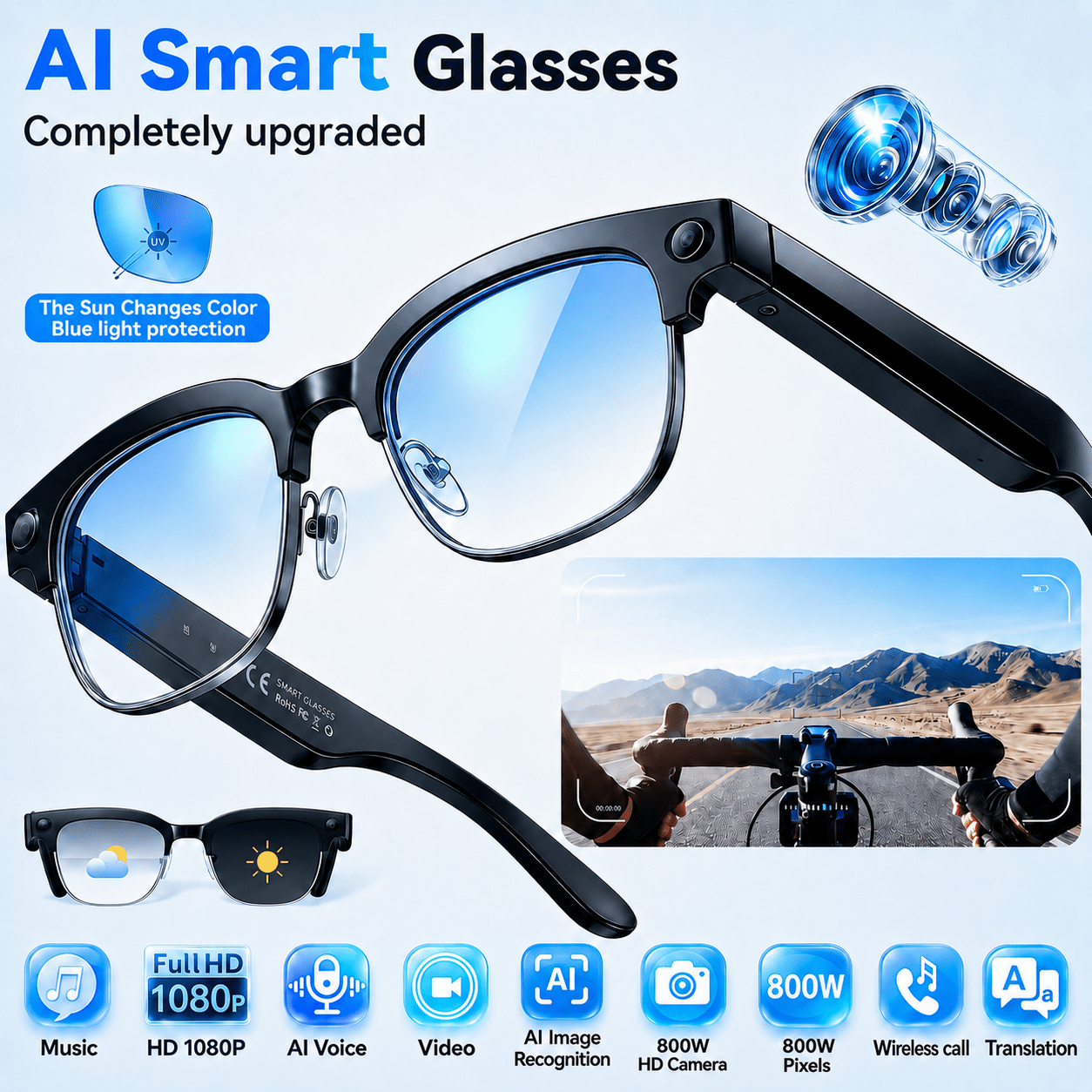 TEMU Ai Smart Glasses With 8mp Hd Camera, Real-time Translation & Audio, Bluetooth Calling & Music, Object Recognition, Video Recording, Anti-shake,