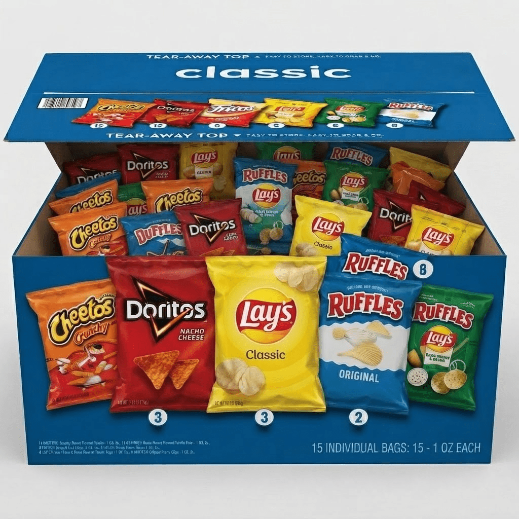 TEMU Classic Snack Chips Variety Pack, Assorted Crunchy Potato & Corn Snacks, Convenient Single-serve Bags, 15 Count