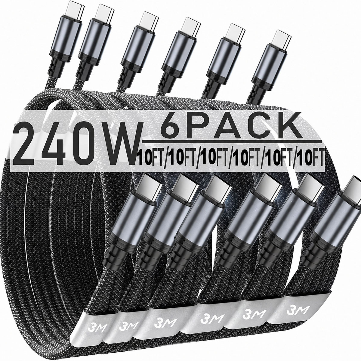 TEMU 240w 6-pack Usb-c To Usb-c Fast Charging Cables, In 3.3ft Or 6.6ft, Data And Charging Cords Compatible With And Pro, Ipad, Iphone 17/16/15