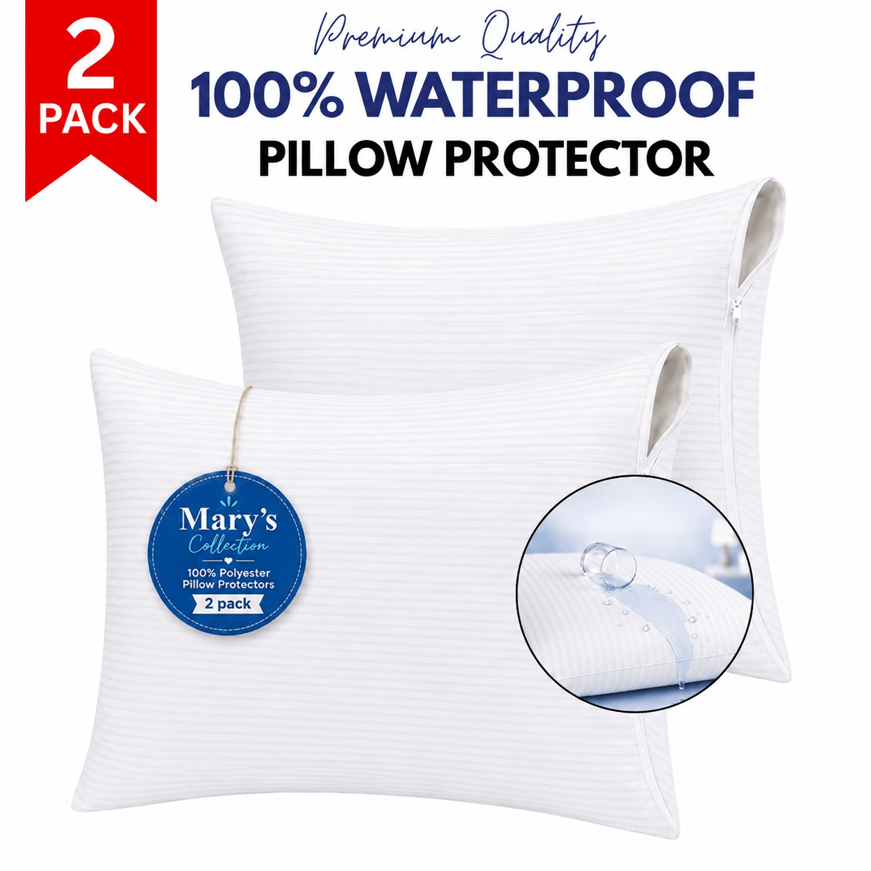 2 Pack Zippered Striped Pillow Protectors, Premium Pillow Covers, Soft, High Quality Waterproof, Thick & Breathable, No Pilling, Bed Pillow Cases For Standard, , Ideal For Home, Hotel &