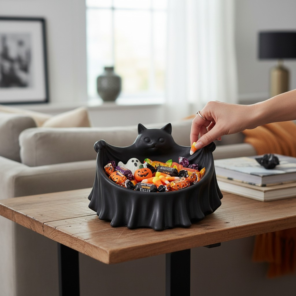 Black bat-shaped decorative bowl holding wrapped candy
