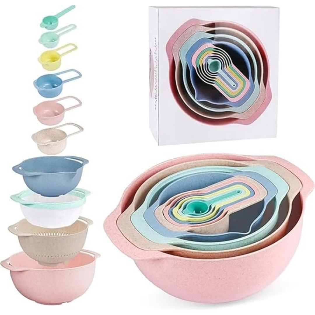 10pcs Nesting Bowls Set, Kitchen Baking Utensils Includes 2 Mixing Bowls, 1 Colander, 1 Sifter, 6 Measuring Cups, Pink & Mint Green Stackable Food Prep Bowls Set
