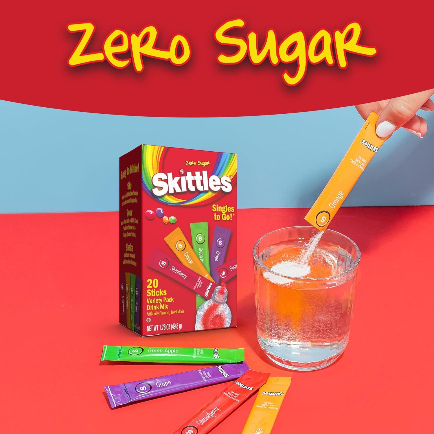 TEMU Skittles Singles To Go Variety Pack, Watertok Powdered Drink Mix, 0 Sugar, Low Calorie, Includes 4 Flavors, 1 Box (20 Single Servings) (fruity)