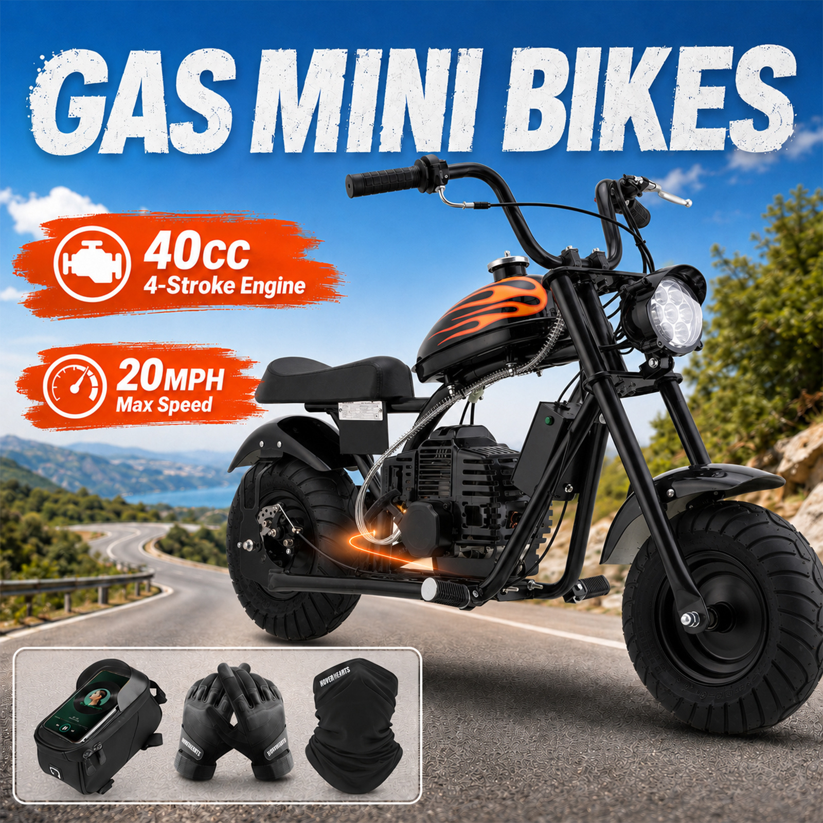 Mini Off-road Dirt Bike, Db004 Model 40 -stroke Gas Chopper Bike With Off-road Tire, Disc Brakes, Led Headlight, 160lbs, Up To 20mph