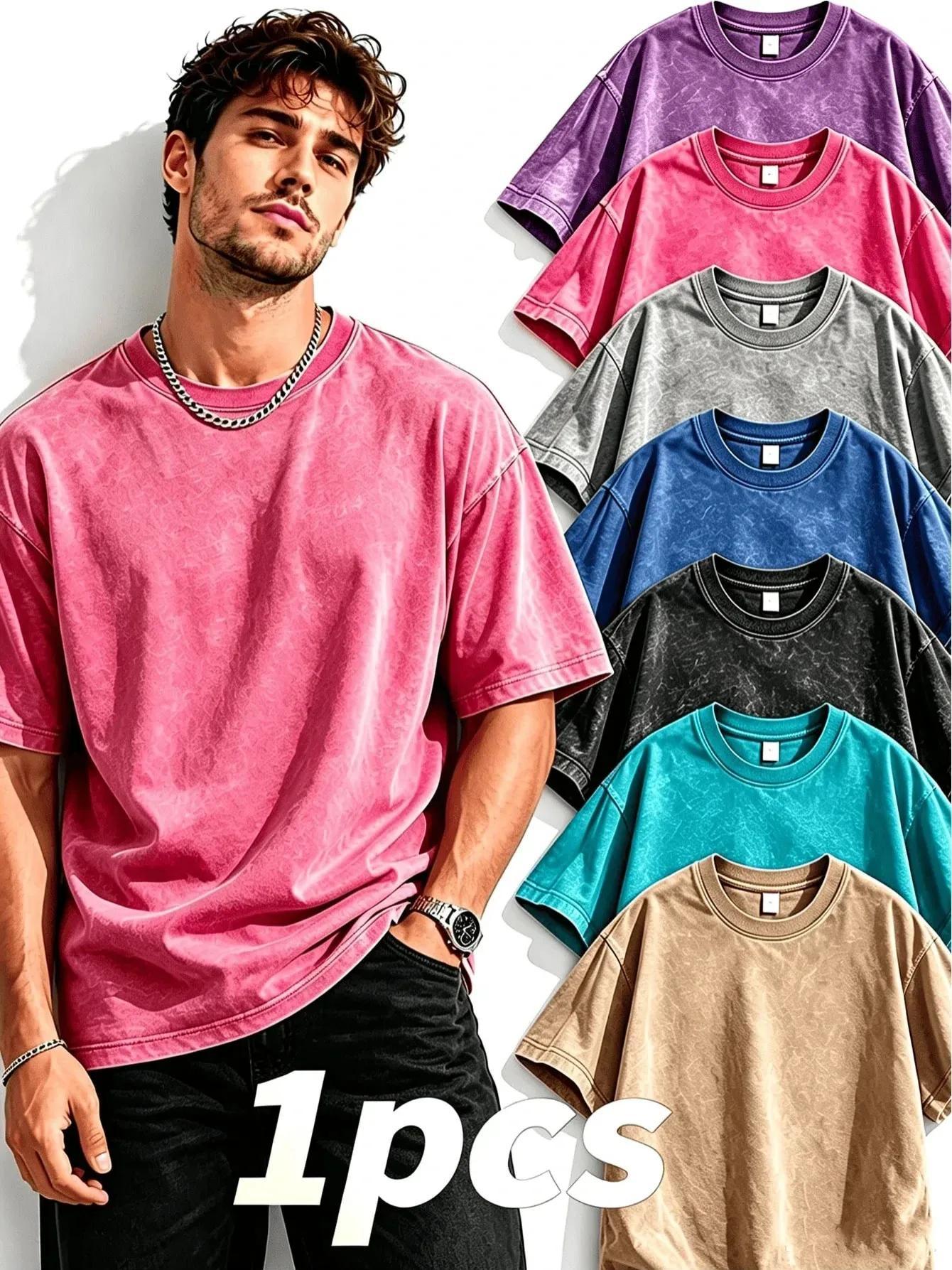 mens vintage washed cotton t shirt solid color washed dye   neck short sleeve tee for daily   wear outdoor wear