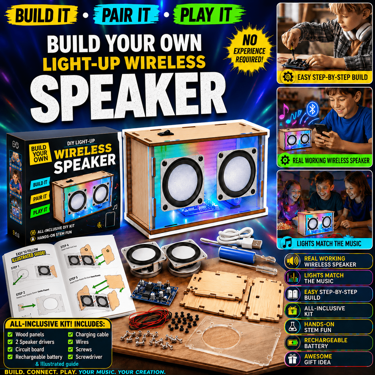 Build Your Own Bluetooth Speaker For Kids, Diy Light-up Wireless Speaker With Music-sync Led Lights, Rechargeable Battery & Real Electronics, Building Kit, Birthday & Holiday Gift