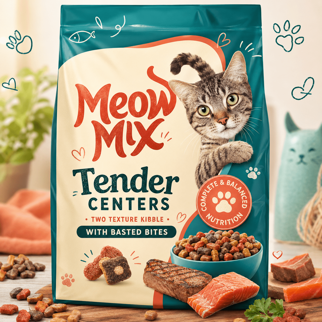 Premium Tender Center Food, Mix 2 Texture With Bites, Real Salmon & Steak Flavor, Complete & Nutrition For Adult Cats, 3 Lb