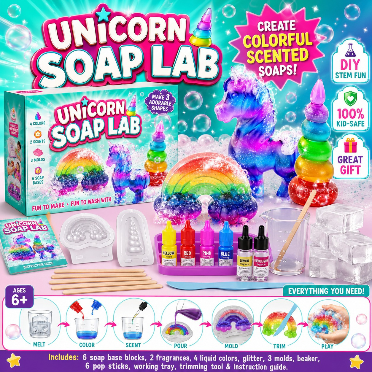 TEMU Complete Unicorn Diy Soap Making Kit For Kids, Stem Set With Melt & Pour Soap Base, 3 Silicone Molds, Colors & Scents, Safe Educational Toy,