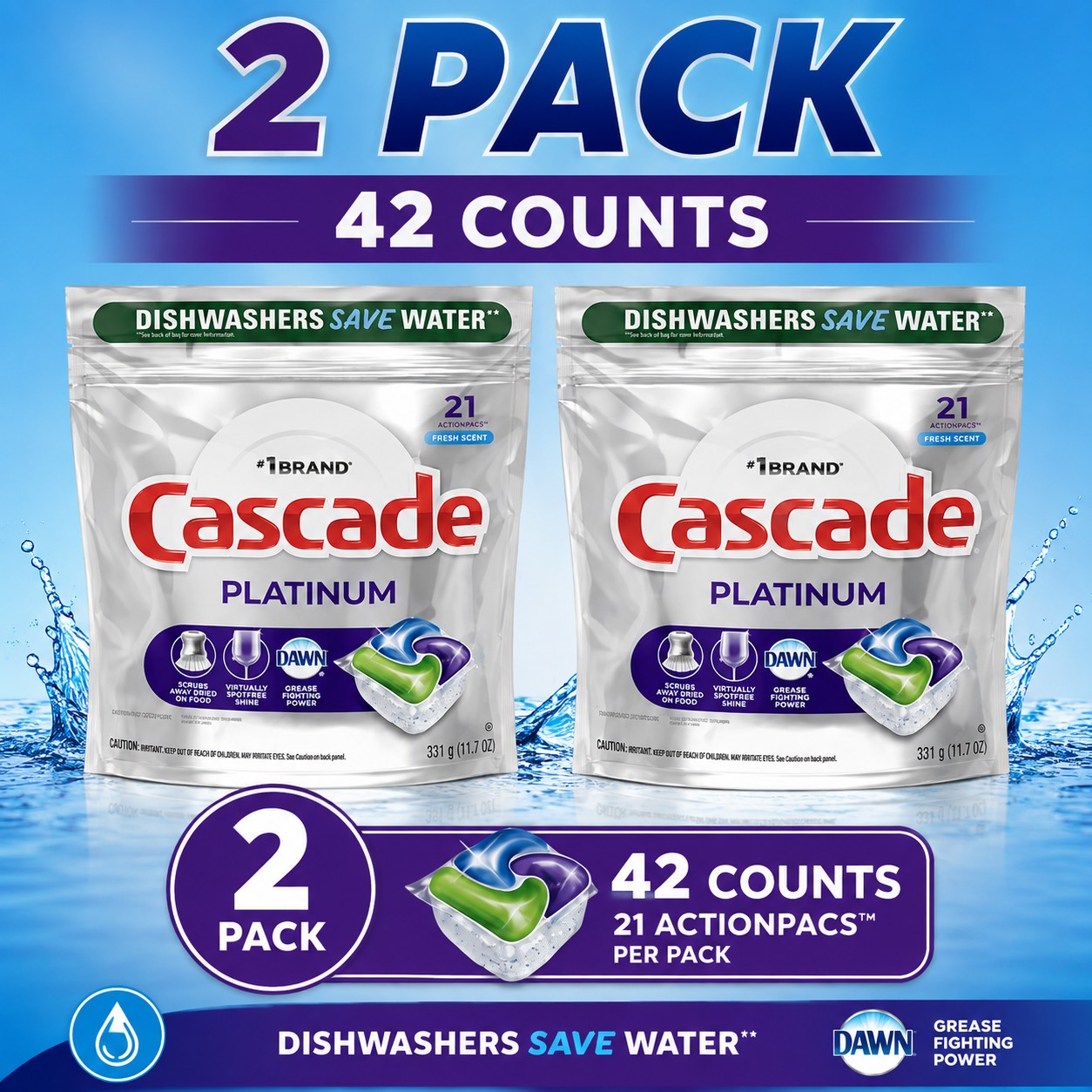 TEMU 2 Pack Cascade Platinum Dishwasher Pods Action Dishwasher Detergent Tabs Fresh 21 Count