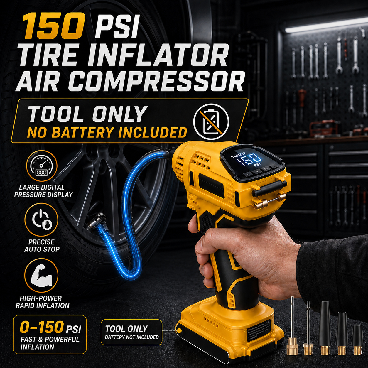 TEMU Tire Inflator Air Compressor Compatible With 20v Battery, 150psi Cordless Portable Air Pump With Digital Pressure & Auto Shut‑off, Led Light For