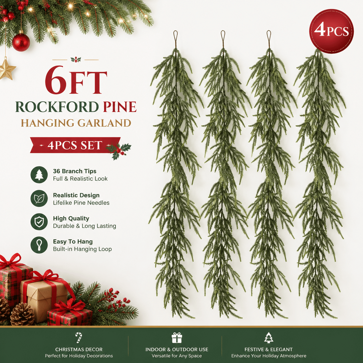 TEMU 2pcs 6ft Real-touch Artificial Norfolk Pine Long Vines, Indoor-outdoor Festive & Home Decor For Special Occasions