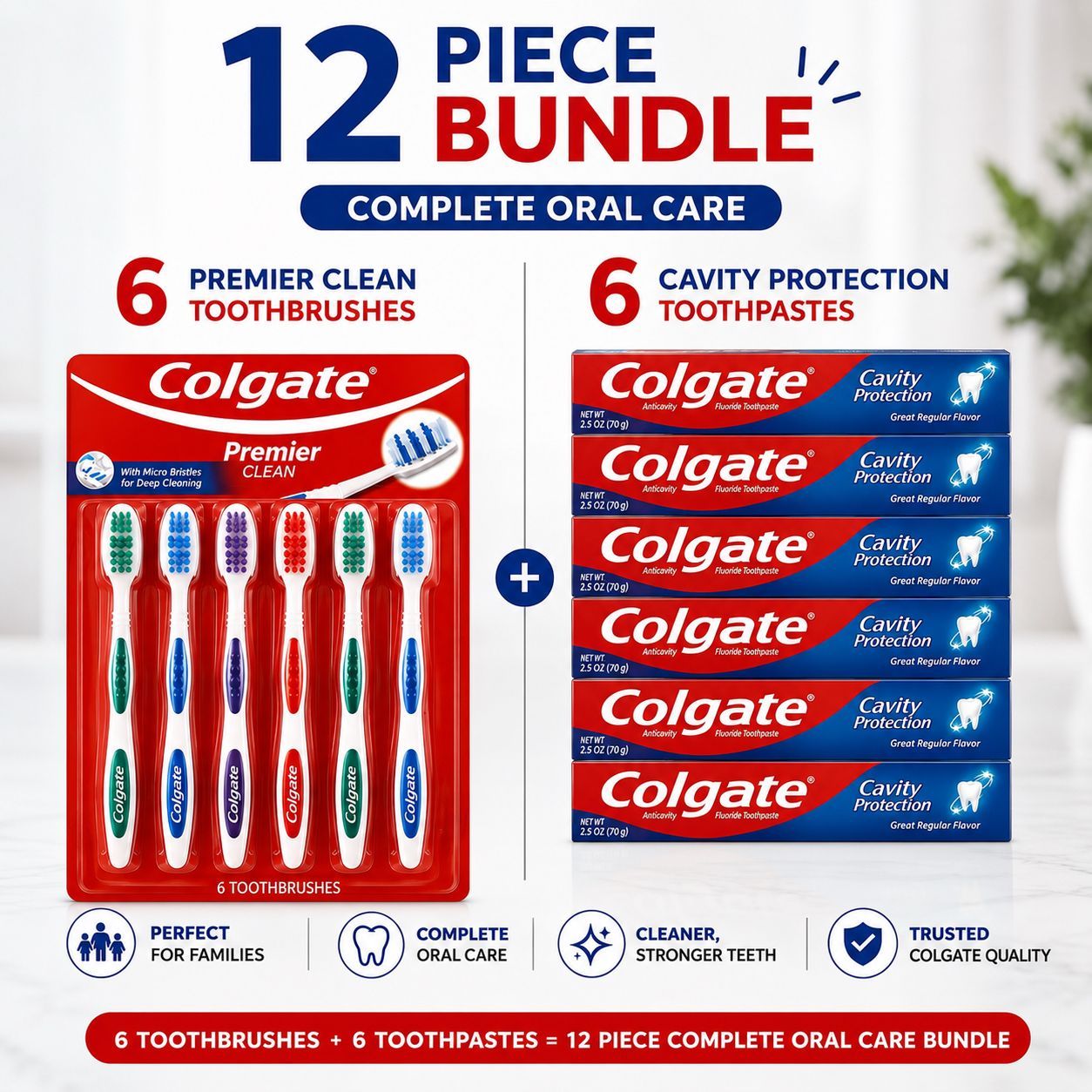 TEMU Colgate Complete Oral Care Bundle, 12 Piece Set – 6 Toothbrushes + 6 Cavity Protection Fluoride Toothpastes 2.5oz, Great Regular Flavor