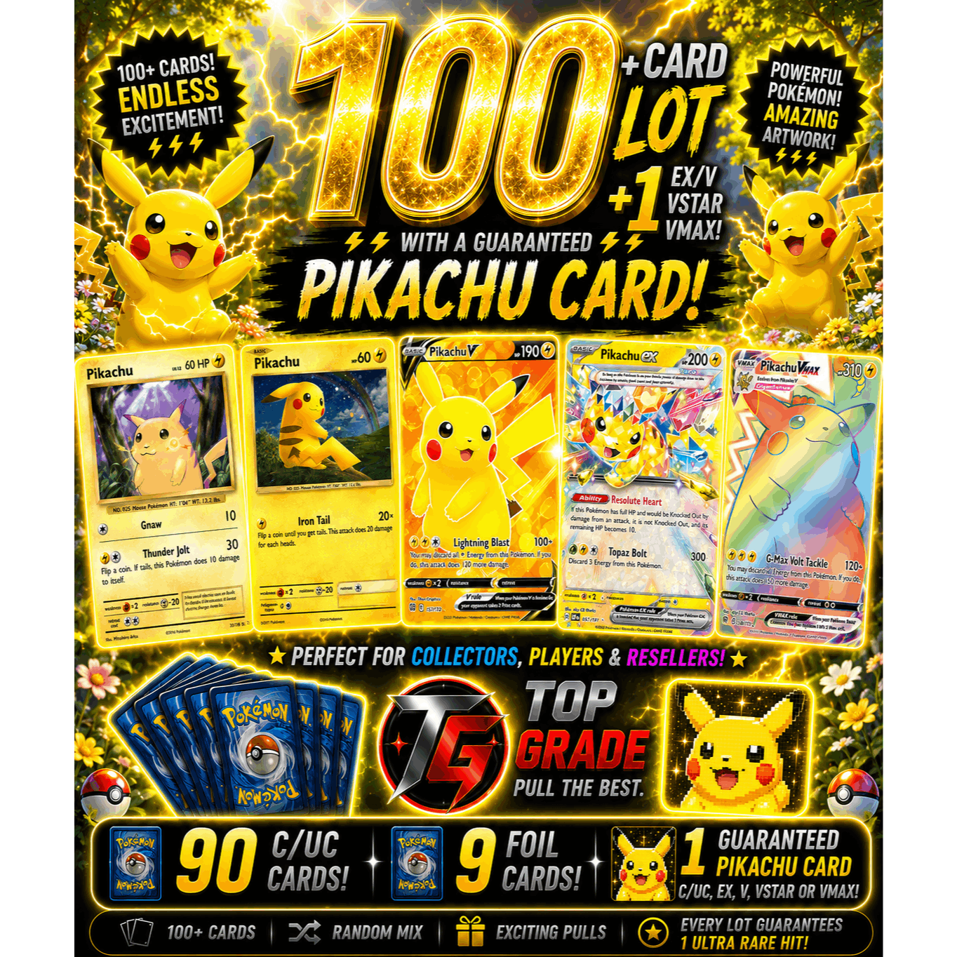 TEMU Pikachu Bundle | 100+ Cards | 1x Pikachu Card + 1 Ex, V, , Or Sir | 9 & Included! | Perfect Gift For Kids & Collectors!
