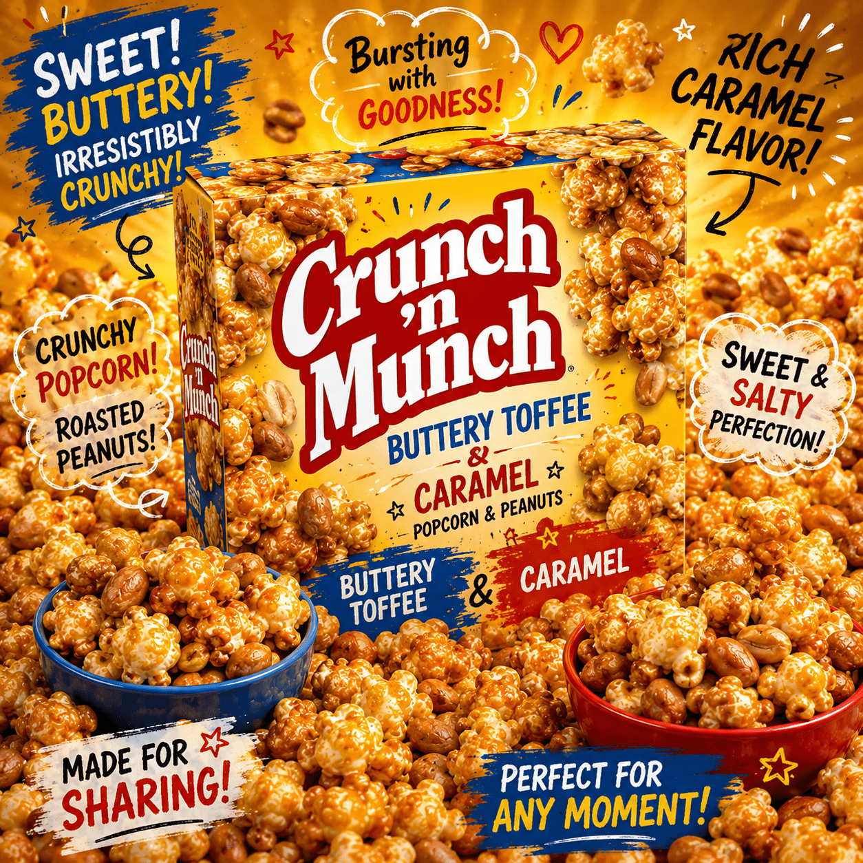 TEMU Crunch 'n Munch Buttery Toffee & Caramel Popcorn With , 1.5 Lbs, Sweet & Salty Caramel Snack Mix, Movie Night Treat 24 Bags