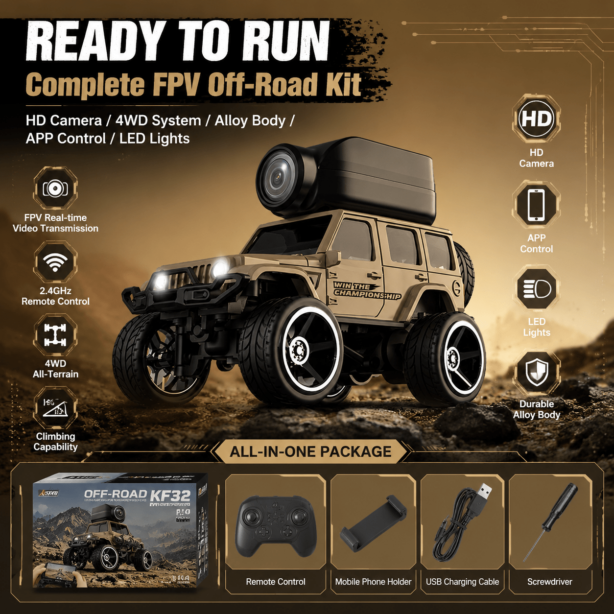 TEMU Mini Rc Crawler With 480p Fpv Camera, 2.4g Wireless Off- Vehicle With Led Lights, Usb Charging, Cyber Desktop Setup Display, Exquisite Christmas