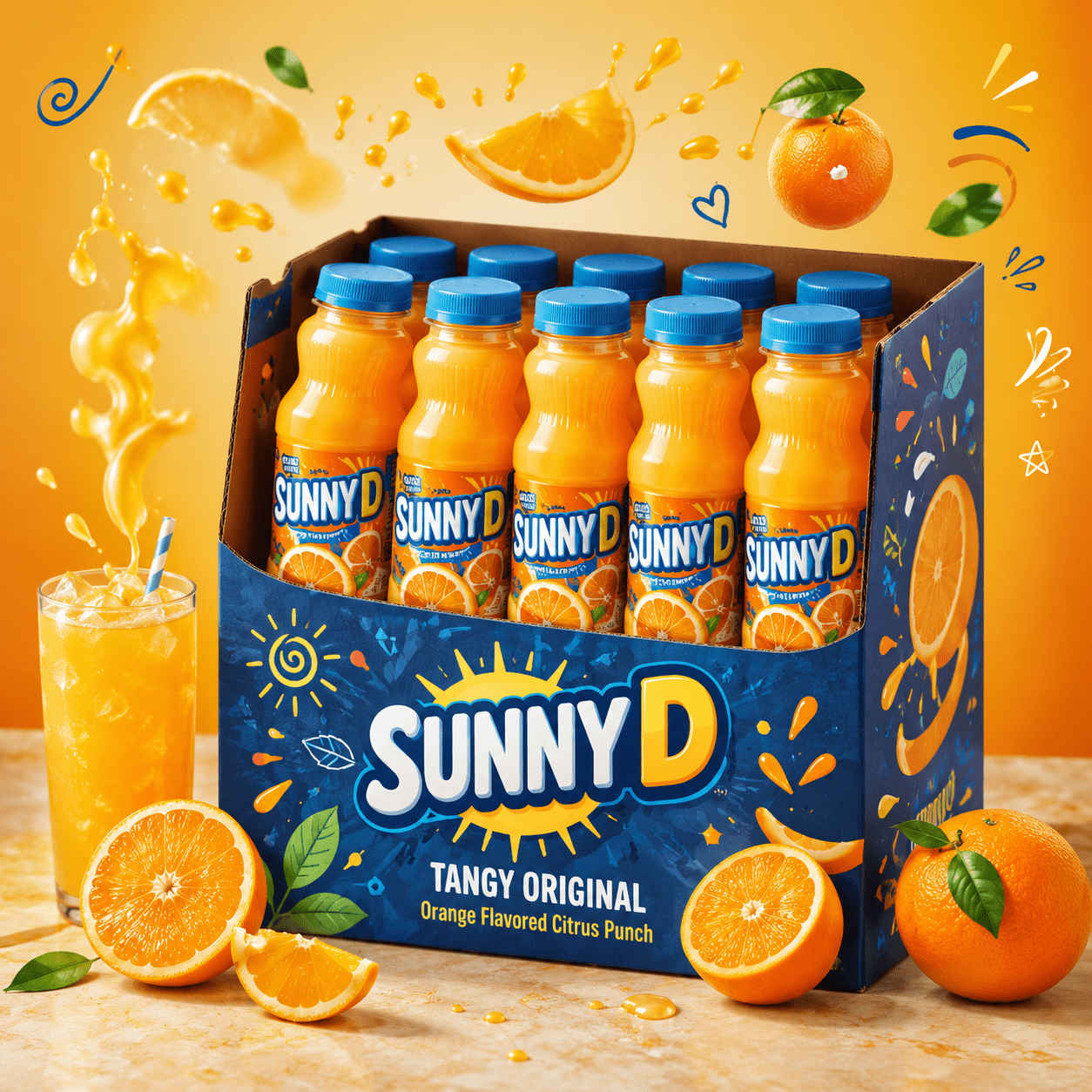 TEMU Summer Essential Sunny D Tangy Orange Flavored Citrus Punch, Refreshing Ice Cold Drink Bundle, Thirst-quenching Party Pack, 10 Bottle Case, 4lb