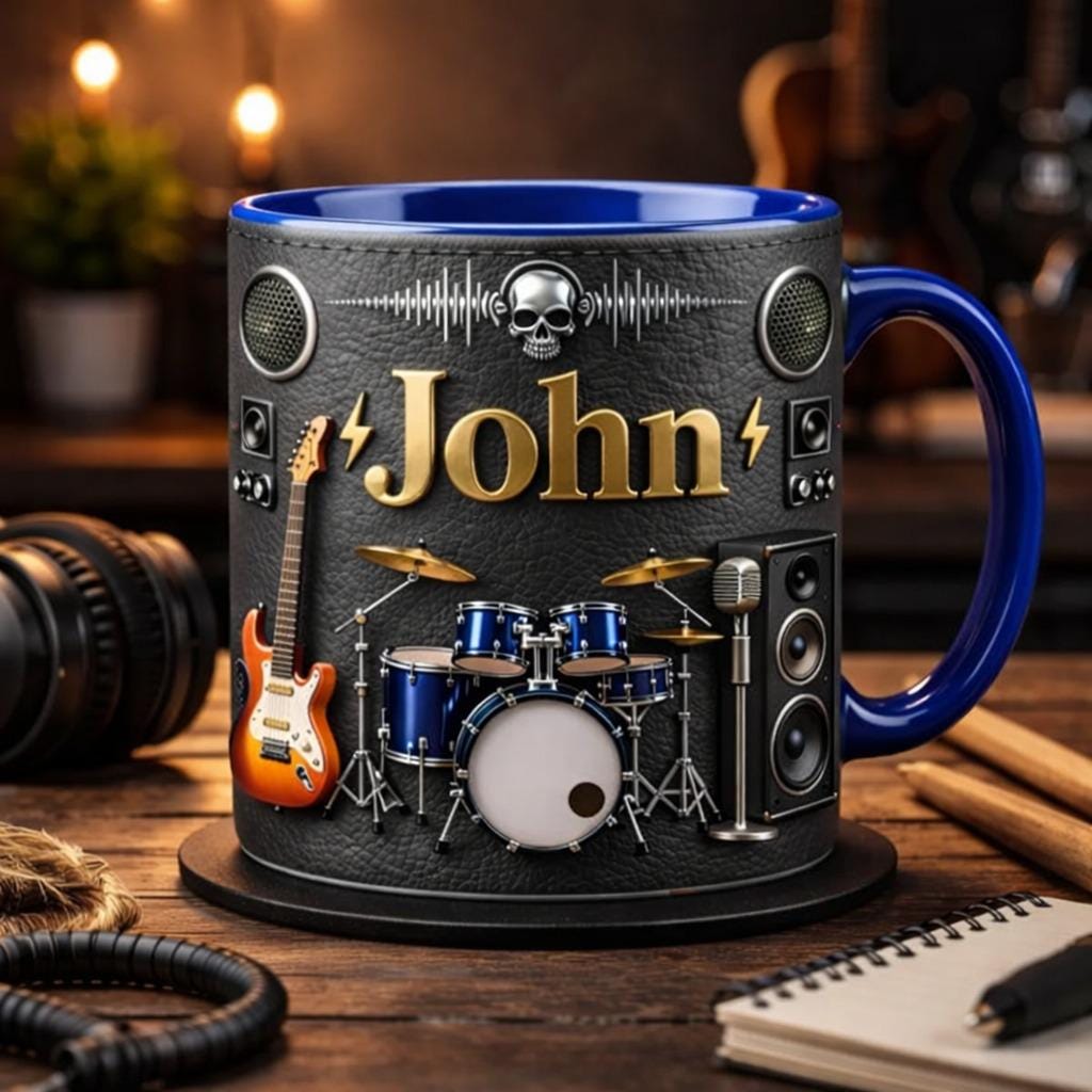 Personalized Rock Band Coffee Mug, Guitar & Drum Music Lover Gift for Him