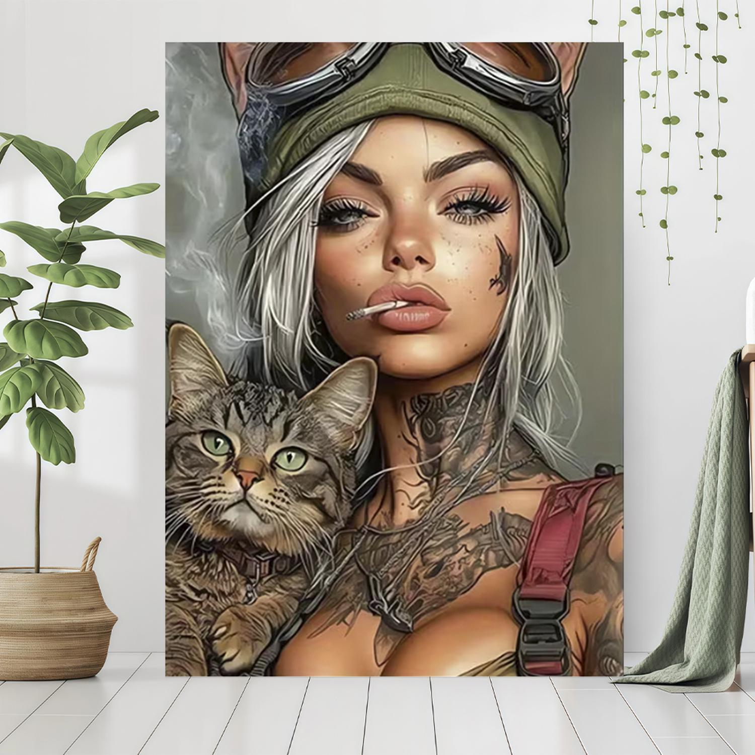 Framed 2D falt A lady with a cat tattoo - Modern urban wall decoration suitable for living rooms bedrooms offices dining rooms bars - Unique gift ideas office artworks | Tattooed lady theme | Decor posters wall art decoration
