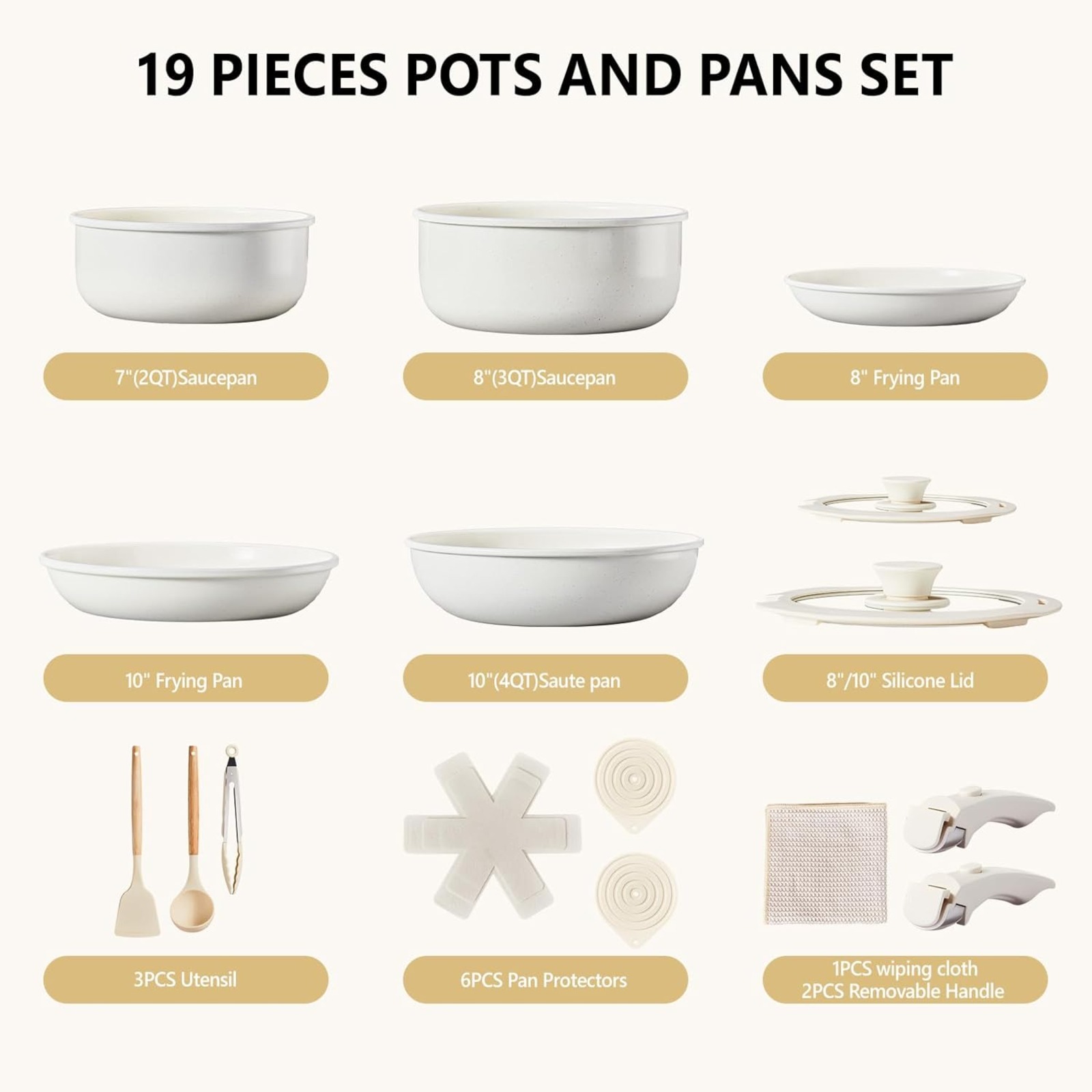 TEMU Nonstick Pots And Pans Set, Cast Aluminum Kitchen Cookware Set With Detachable Handles, Rv Kitchen Cooking Set And Utensils, Dishwasher Safe, & Pfos Free, Cream White