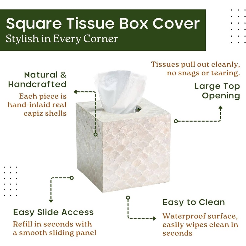 5 9u201d capiz tissue box cover square decorative tissue holder with bottom slider handmade accessories elegant   for vanity bedroom office coastal   natural Product details 5