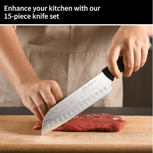 Damascus Pattern 15-Piece Kitchen Knife Set With Block, High Carbon Steel Chef Knife, Includes Sharpener And Scissors, Ergonomic Black Anti-Slip Handle And Red Trim, Perfect For Professionals