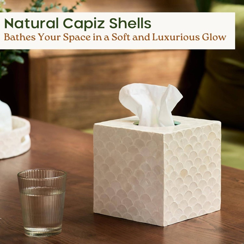 5 9u201d capiz tissue box cover square decorative tissue holder with bottom slider handmade accessories elegant   for vanity bedroom office coastal   natural Product details 1