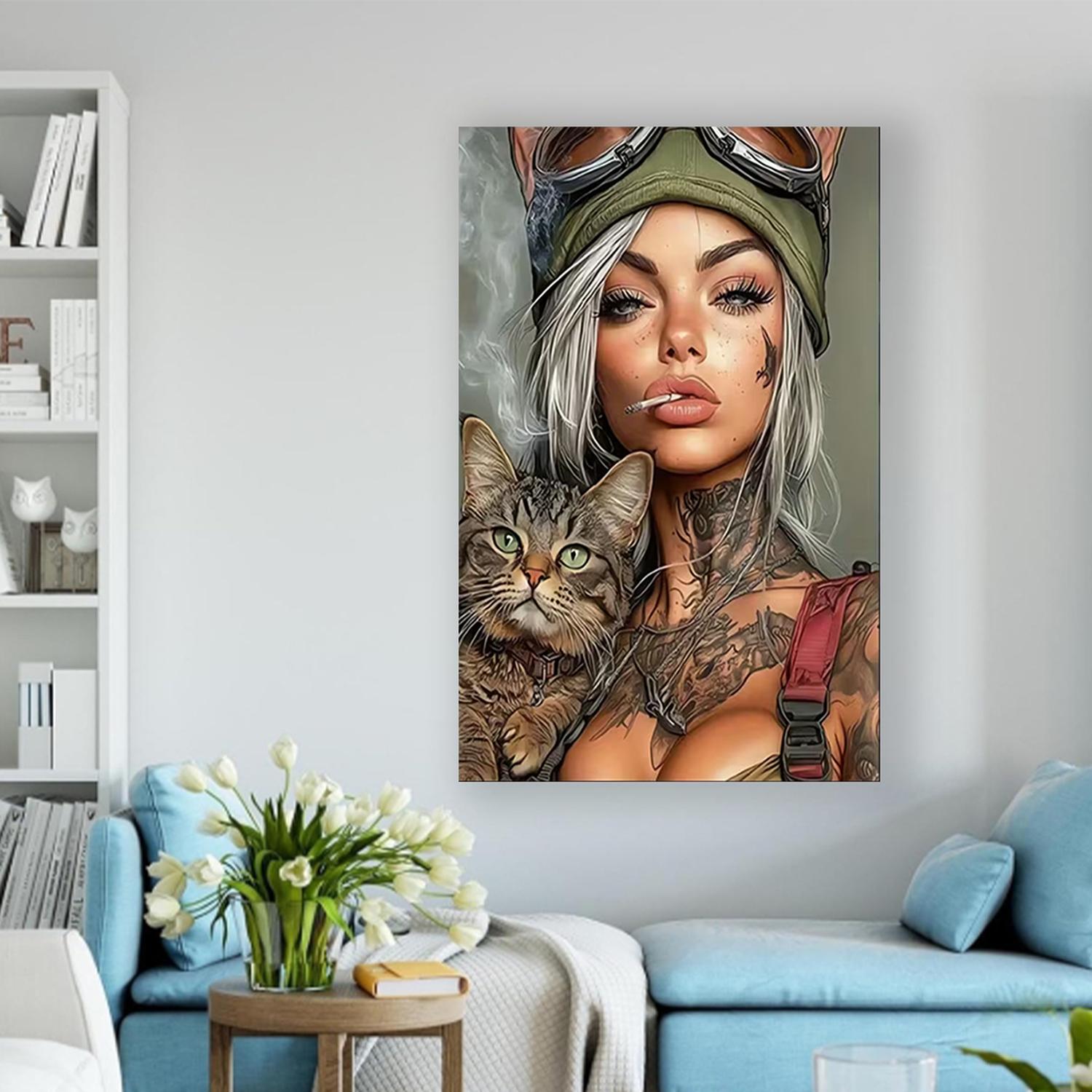 Framed 2D falt A lady with a cat tattoo - Modern urban wall decoration suitable for living rooms bedrooms offices dining rooms bars - Unique gift ideas office artworks | Tattooed lady theme | Decor posters wall art decoration
