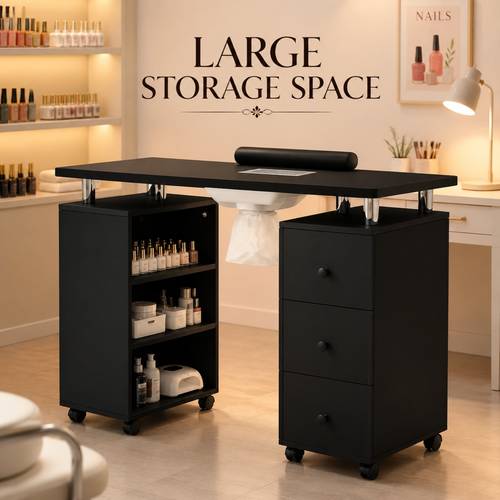 manicure table nail desk portable manicure tech station for nail salon nail with lockable wheels ergonomic wrist cushion with open shelves and drawers space saving design for small home nail studio and retail nail service