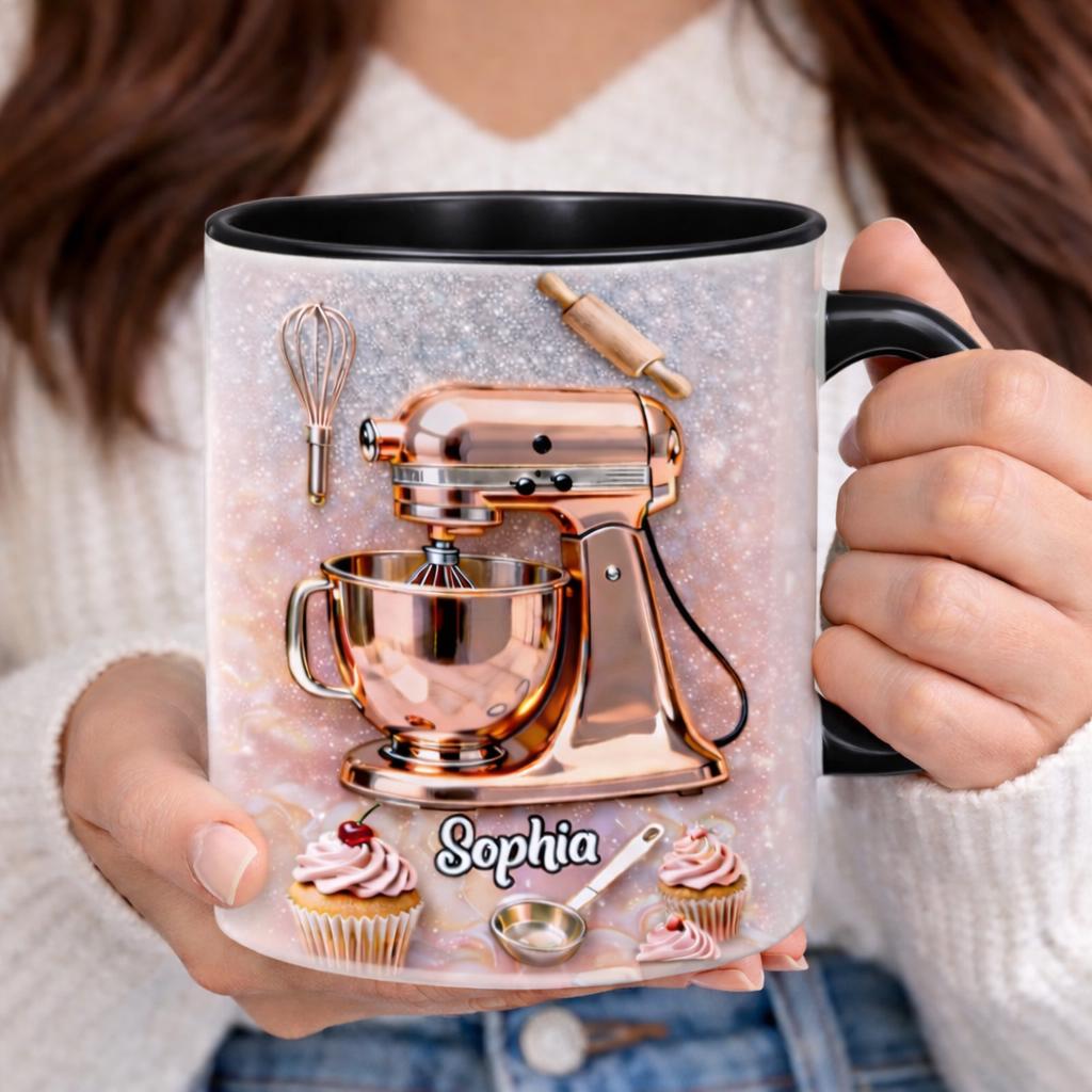Personalized Baker Mug With Name, Baking Lover Coffee Mug, Pink Stand Mixer Cup, Custom Name Mug, Gift For Baker Woman