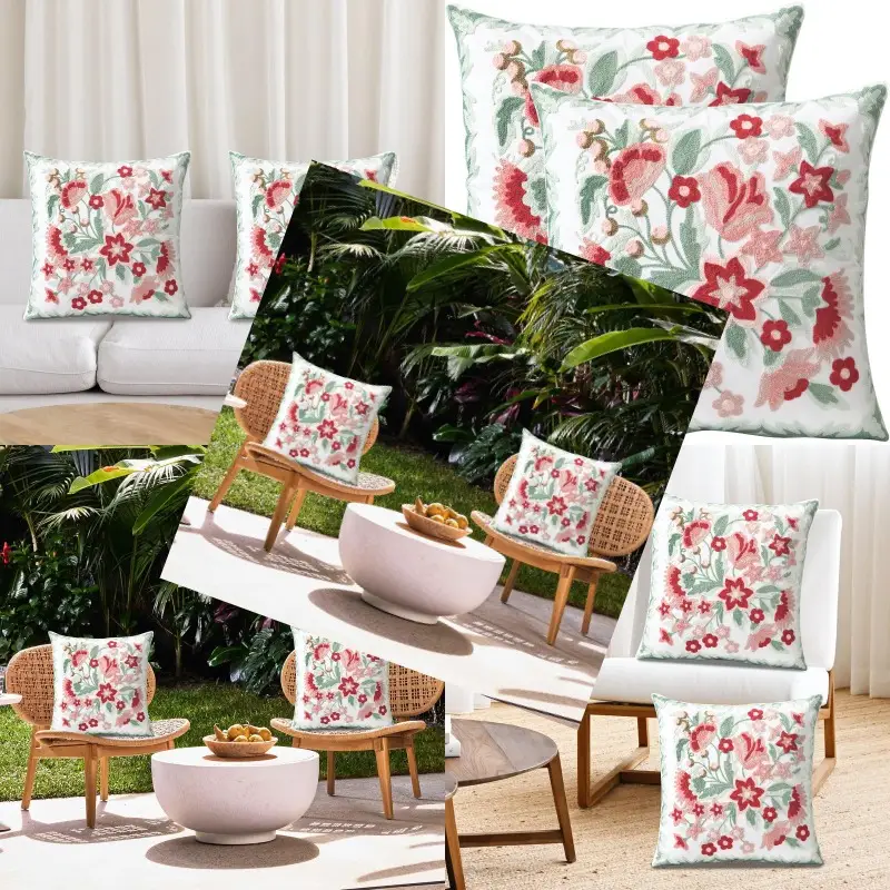 set of 2 embroidered decorative throw pillow covers couch square pillowcases cushion for bedroom sofa farmhouse decor 18x18 inch Product details 0