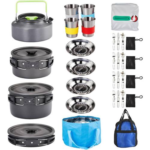27pcs camping cookware mess kit lightweight non stick pot pan kettle set w stainless steel cup fork knives spoons for camping picnic backpacking outdoor cooking