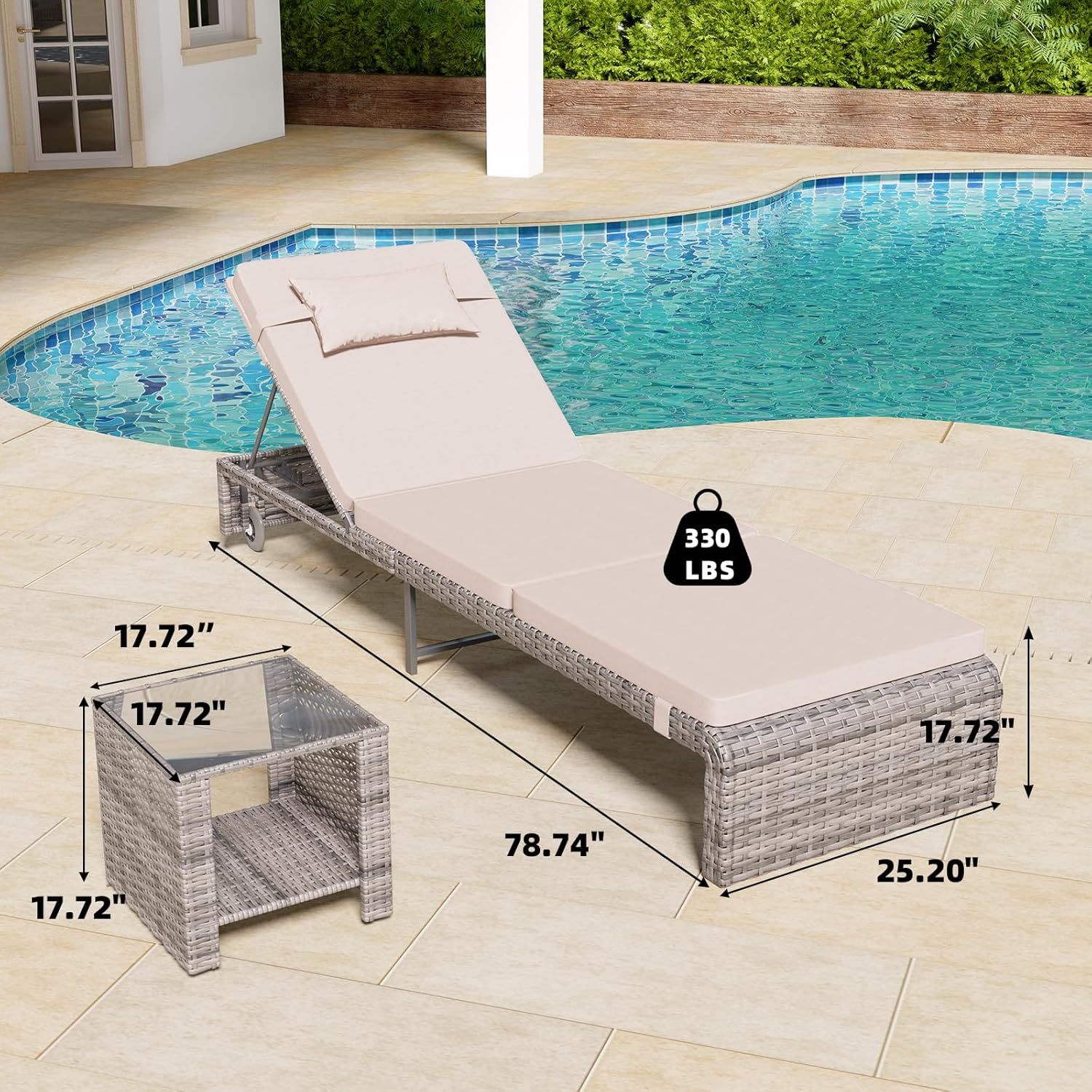 3 Pieces Chaise Lounge Set, Modern Outdoor Patio Furniture with Adjustable Backrest & Side Table, Durable PE Wicker, Weather Resistant Cushions