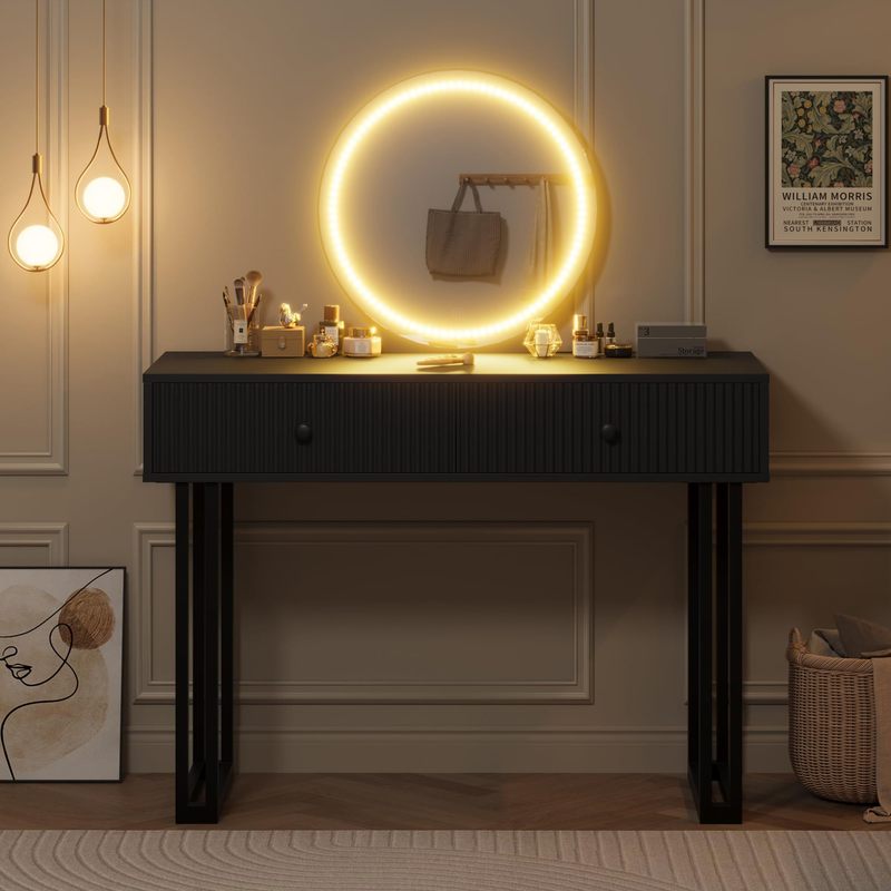 IDEALHOUSE Vanity Desk with Mirror and Lights, 49.2”H Makeup Vanity with 3 Color Lights and Adjustable Brightness, Bedroom Vanity Table with 2 Drawers, Black